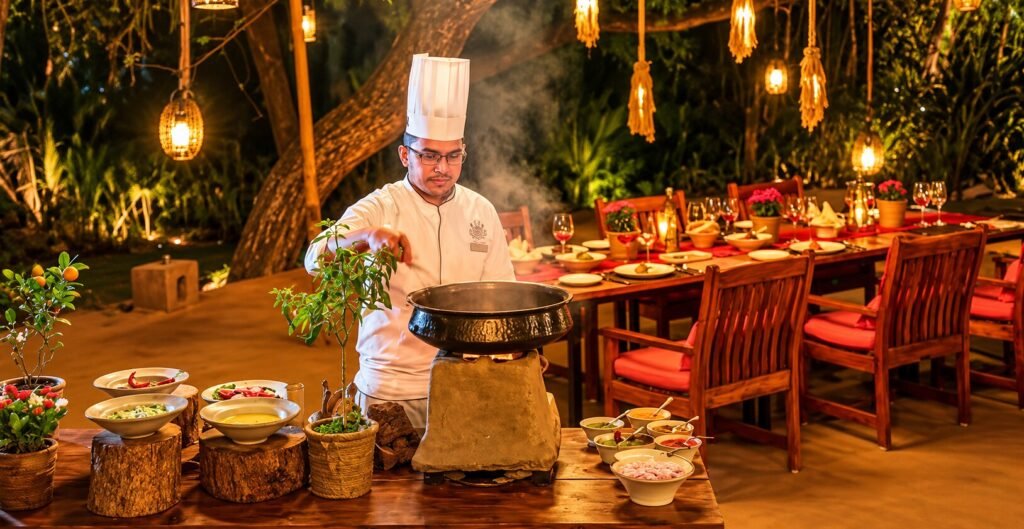 Chef cooking live at a dinner under the trees