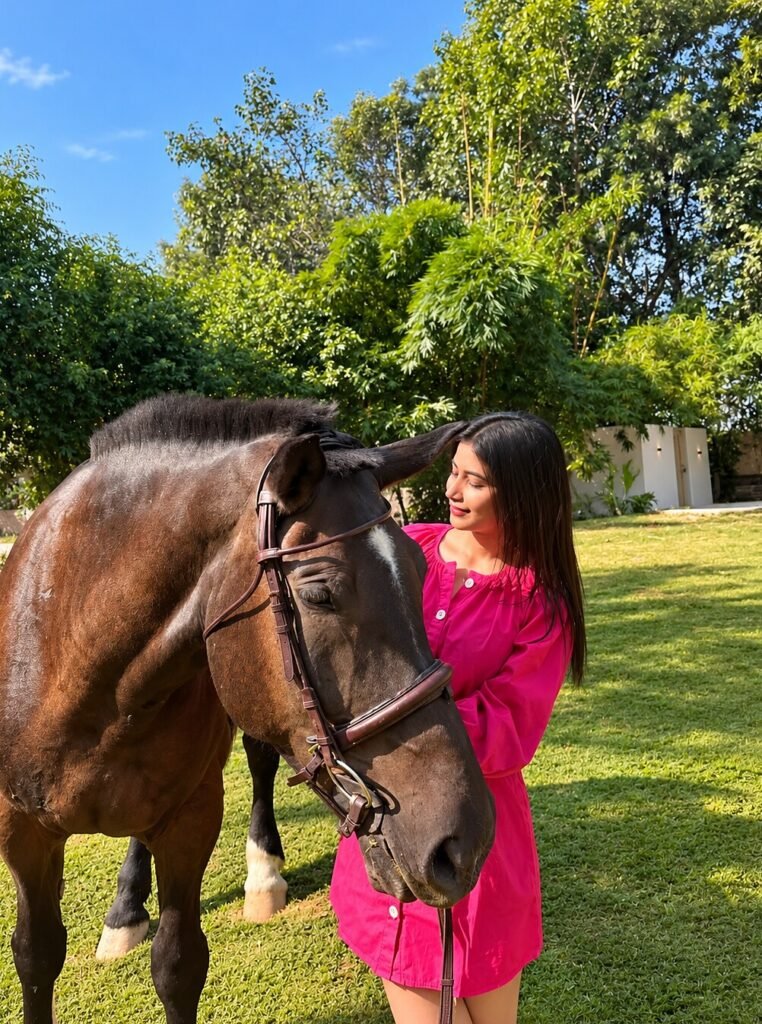Guest with a horse on the lawn