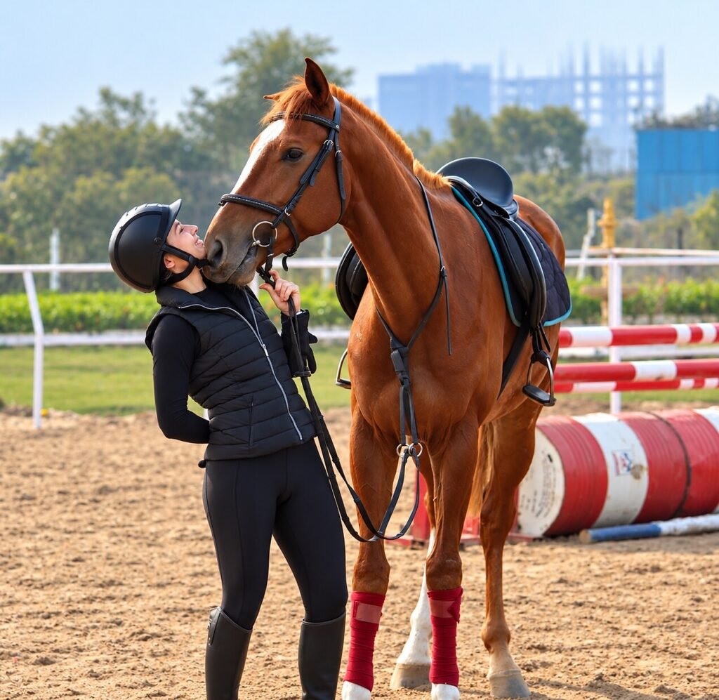 Greeting a horse in the arena