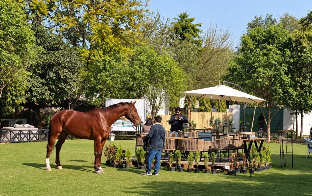 Horse on the lawn with a trainer