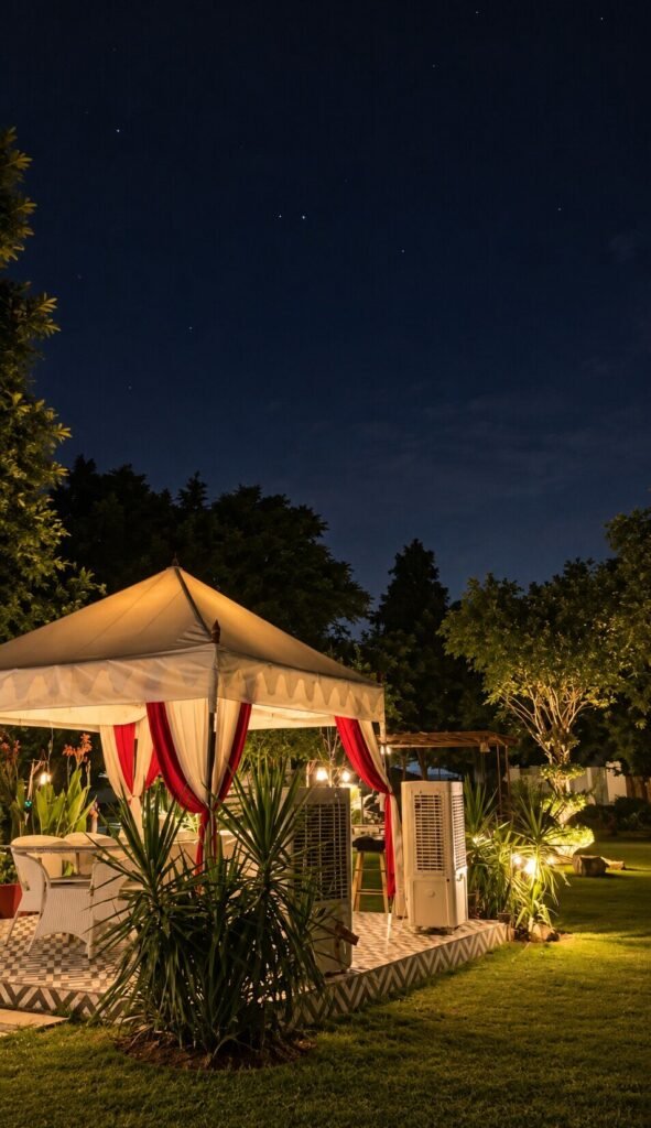 Garden tent lit at night
